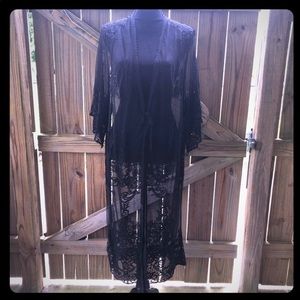 Black Floral Lace Short Sleeve Kimono Duster Robe